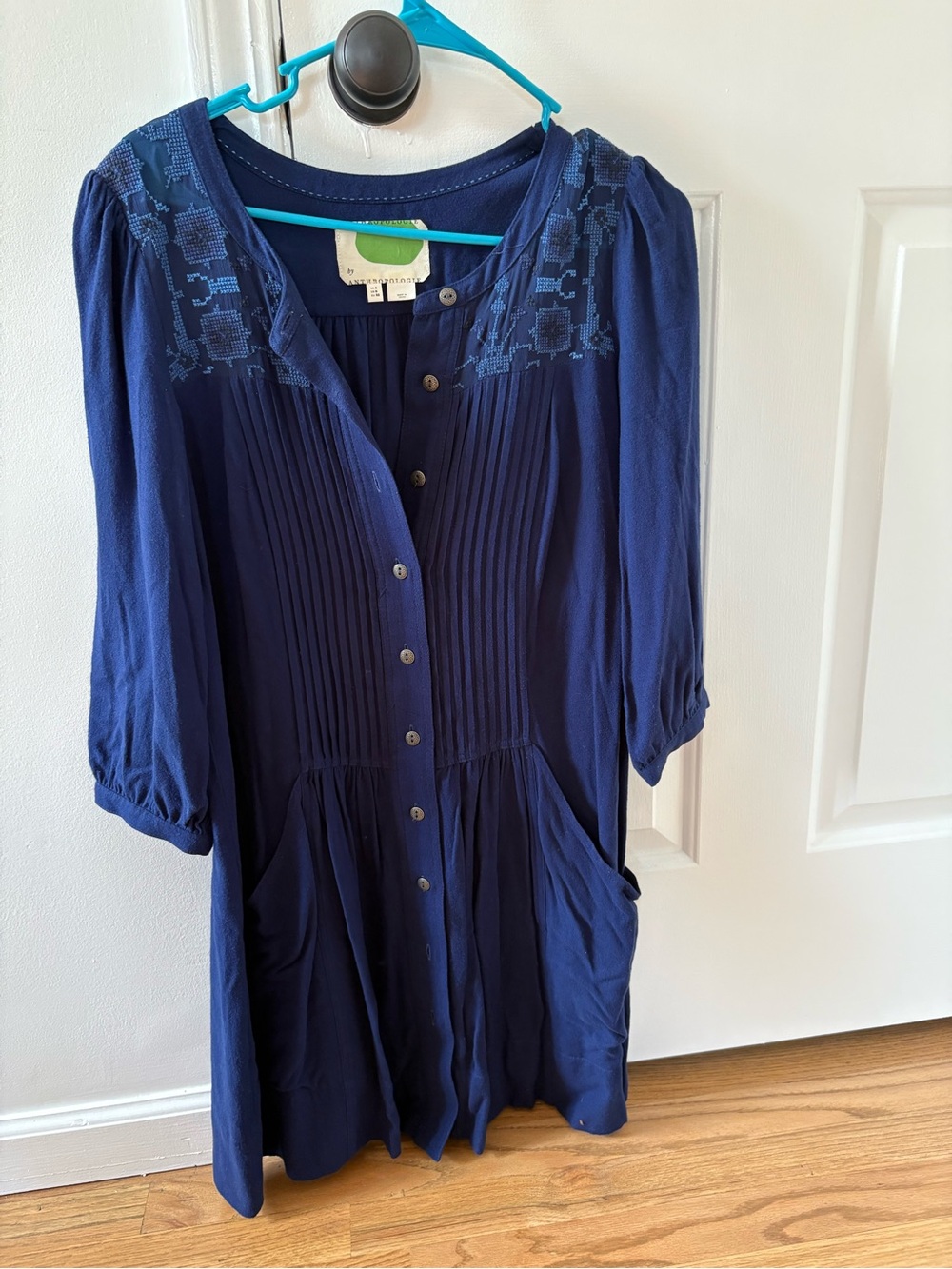 Anthropologie Navy Embroidered Button Front Blouse